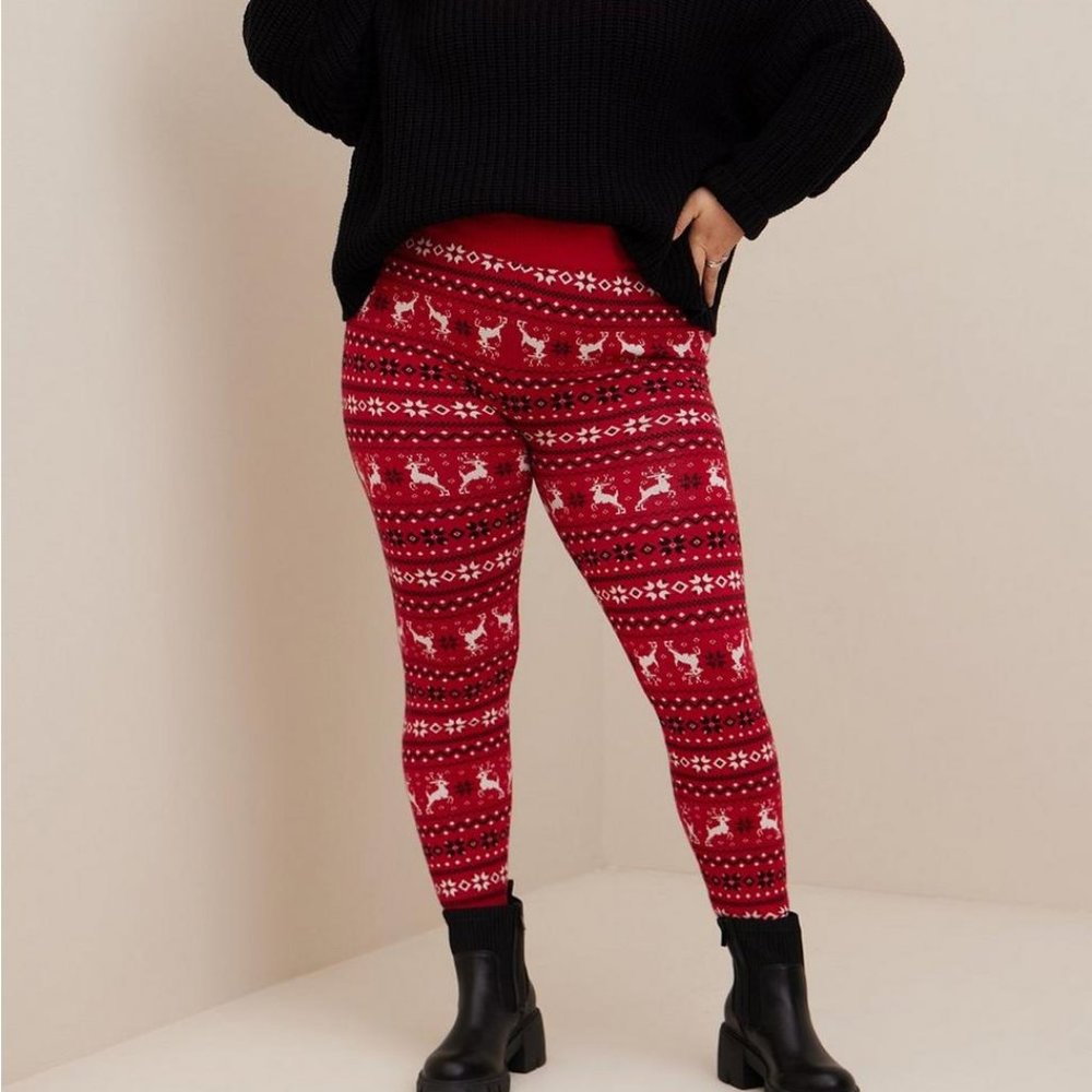 Torrid-Leggings 0X LG Red Fair Isle Sweater Christmas Holiday Plus Size Pants